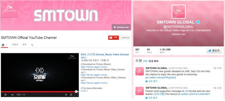 SM Entertainment, the nation’s entertainment giant, runs the official YouTube page and Twitter page “SMTOWN GLOBAL” to promote their stars globally. / Courtesy of SM Entertainment