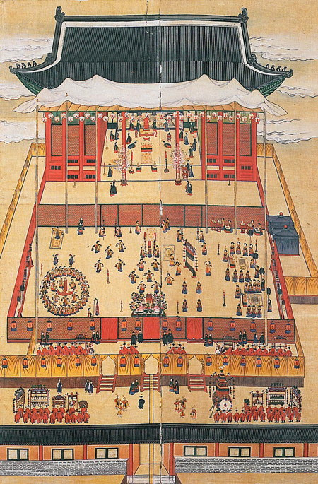 A painting of “yajinchan,” a banquet to celebrate the 80th birthday of Grand Royal Dowager Queen Sinjeong in 1887 at the Mangyeongjeon Hall, Gyeongbok Palace. A royal banquet incorporates dance, music, performance, attire, table setting, lighting and flower decorations, demonstrating the comprehensive art of the Joseon Kingdom (1392-1910). / Courtesy of Institute of Korean Royal Cuisine