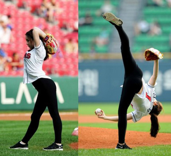 Shin Soo-ji rotates 360 degrees during her ceremonial first pitch in this file photo.