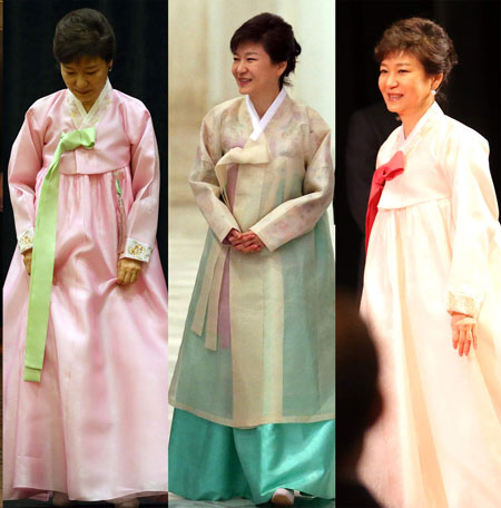 The “hanbok” that President Park Geun-hye wore during her visit to the United States in May were designed by Kim Young-seok. / Korea Times file