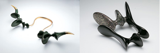 “An Attack by Green Horns,” center, and “A Beautiful Footprint,” right, using ottchil or traditional lacquer art. / Courtesy of Yun Sang-hee