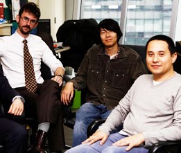 Mario Garcia, co-founder of Arcticpod, right in front row, and other CEOs and representatives of start-up companies supported by the Seoul Global Center’s incubation program pose at their office in the center’s building in Jongno, central Seoul, on Nov. 14. / Korea Times photo by Yoon Sung-won