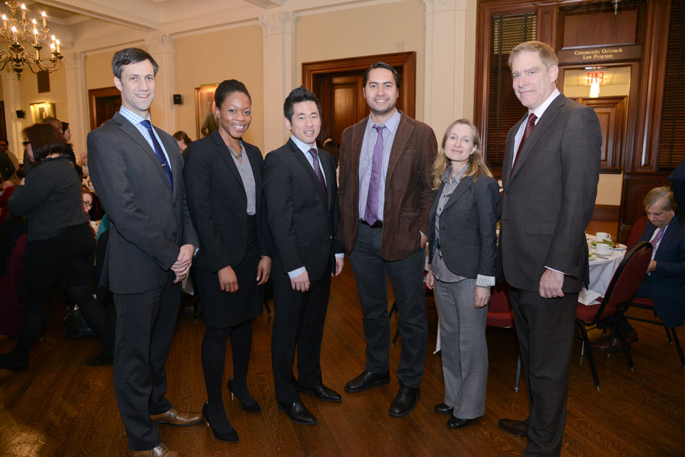 Left to Right: McGregor Smyth, Executive Director of New York Lawyers for the Public Interest (NYLPI); Shena Elrington, Director of the Health Justice Program, NYLPI, who presented the award to Mr. Choi; Steven Choi, Executive Director of the New York Immigration Coalition; Jonathan Westin, Executive Director of New York Communities for Change; Christina Giorgio, Staff Attorney, NYLPI, who presented the award to Jonathan Westin; Lawrence T Gresser, Board Chair-Elect, NYLPI. (Photo - Rick Kopstein)