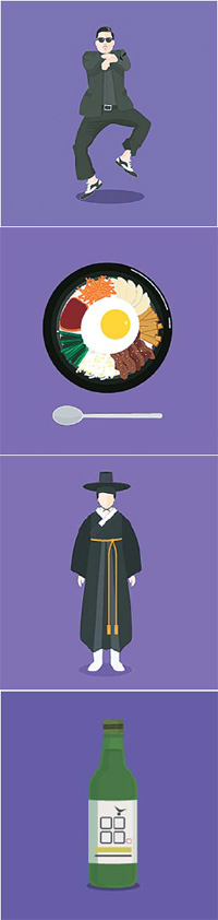 From top, Psy, bibimbap, hanbok and soju are among the icons representing Seoul. Various graphic icons showing the symbolic food, drinks, iconic figures, buildings, road signs, and currency of the city to highlight the similarities and differences from other cities will be seen at this year’s Kaohsiung Design Festival.  (Courtesy of Kaohsiung Design Festival)