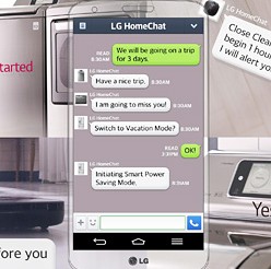 LG Electronics’ newly-developed “HomeChat Service,” which will debut at the Consumer Electronics Show 2014 on Jan. 7 in Las Vegas, incorporates Naver Line’s online chat feature into users’ remote controlling of electronic home appliances. (Courtesy of LG Electronics)