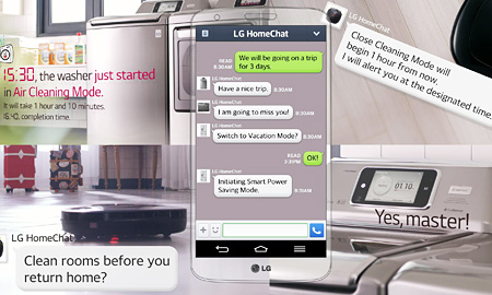 LG Electronics’ newly-developed “HomeChat Service,” which will debut at the Consumer Electronics Show 2014 on Jan. 7 in Las Vegas, incorporates Naver Line’s online chat feature into users’ remote controlling of electronic home appliances. (Courtesy of LG Electronics)