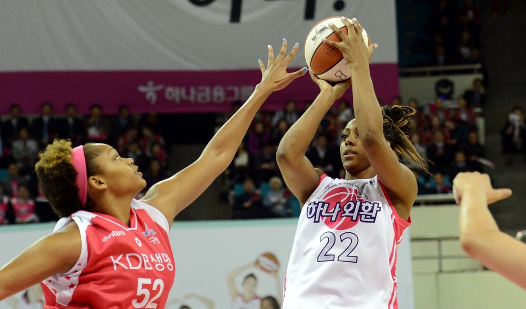 KEB-Hana Bank has gone 1-1 since Monica Wright, right,  abruptly left the team.