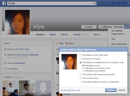 An “identity theft” victim reports a Facebook page as owned by someone “pretending to be me.” Risks of identity theft are higher than ever as “thieves” steal photos and use them to create a virtual existence, assuming that the behavior is okay because they are not profiting from it, nor committing a serious crime. (Korea Times file)