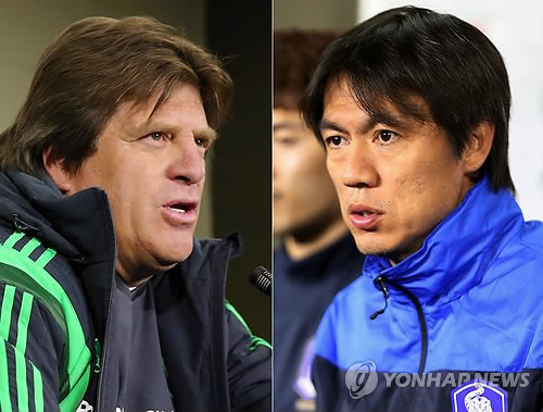 Mexico national soccer team coach Miguel Herrera(left), Korea national soccer team coach Hong Myungbo(right). (Yonhap)