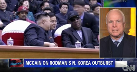 The U.S. Republican Senator John McCain, on right,  criticized the former NBA player Dennis Rodman's moves in North Korea during his CNN interview on Tuesday. / Courtesy of CNN  Tuesday. / Courtesy of CNN