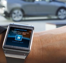 Samsung Electronics recently formed a partnership which BMW, which allows the German carmaker’s i3 electric vehicle to interact with Galaxy Gear smartwatches. (Courtesy of Samsung Electronics)