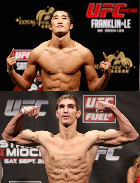 Kim Dong-hyun, top, will face John Hathaway of England on Saturday at UFC Fight Night in Macau. The fight will be aired on Super Action at 9 p.m. (Courtesy of Super Action)