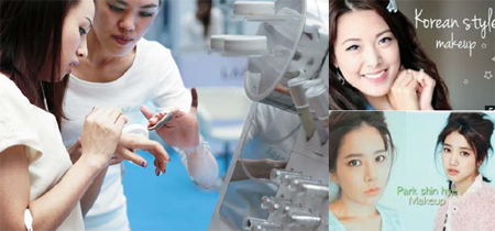 In the left photo, Singaporean customers try out Laneige’s BB Cushion, Korea’s top cosmetic firm AmorePacific’s best selling beauty product in the Asian region. Right shows YouTube websites that provide various “Korean makeup” tutorials.