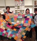 Korean-born textile artist Lee Young-min, second from right, shows a “bojagi” (wrapping cloth) along with her pupils at the Los Angeles County Museum of Art (LACMA). (Courtesy of Lee Young-min)