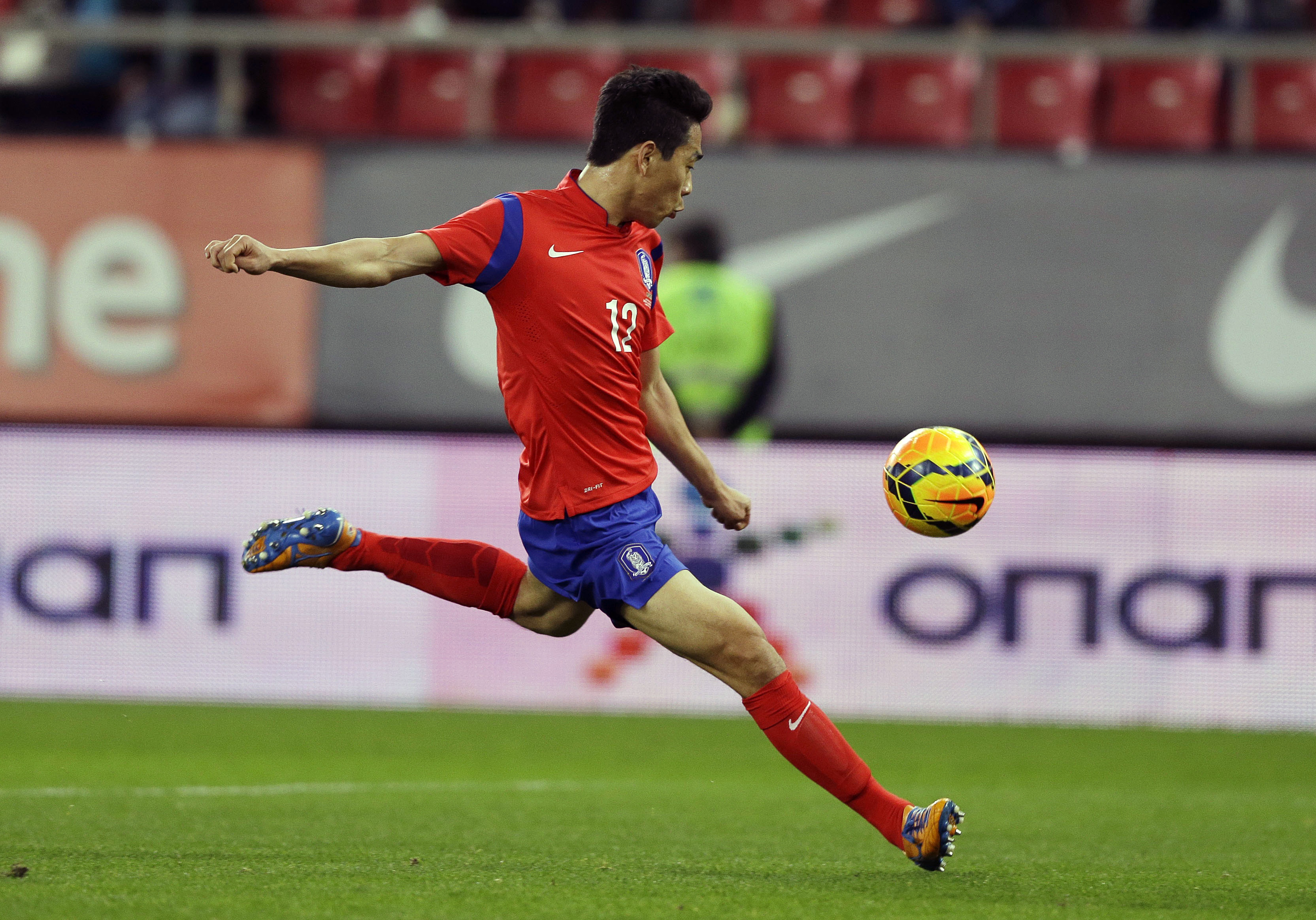 South Korea's Park Chu-young scores the opening goal against Greece during a friendly match at Georgios Karaiskakis stadium in Piraeus port, near Athens, Wednesday, March 5, 2014. (AP Photo/Thanassis Stavrakis)