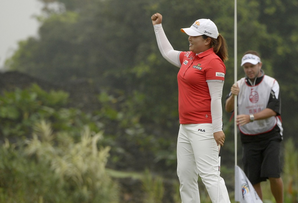 Park Inbee celebrates her first win of the year. (Courtesy of Mission Hills Country Club - Yonhap)