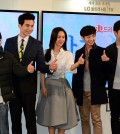 The drama will star, from second from right,  Lee Dong-wook second from left, Park Joo-mi and Shin Dong-woo and follow the story of a former gangster who falls in love with the sister of his deceased friend.  (Newsis)