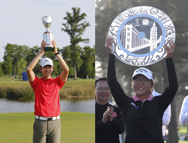 Noh Seung-yul, left, and Lydia Ko raised up championship trophies on the same day. (AP)