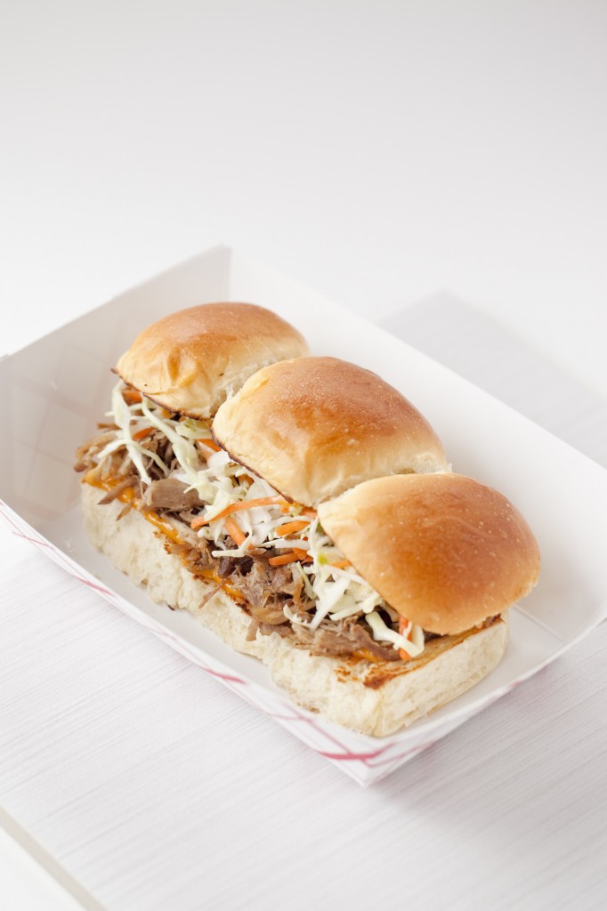 Marination Mobile’s best-selling menu is their Aloha Sliders, Hawaiian-style braised kalua pulled pork stuffed in a Hawaiian sweet roll with Nunya Sauce and signature slaw. 