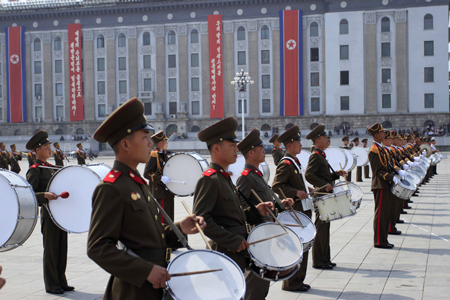 A North Korean military marching band plays at Kim Il Sung Square in Pyongyang to mark the 82nd anniversary of the founding of the Korean People’s Army in April. (AP)