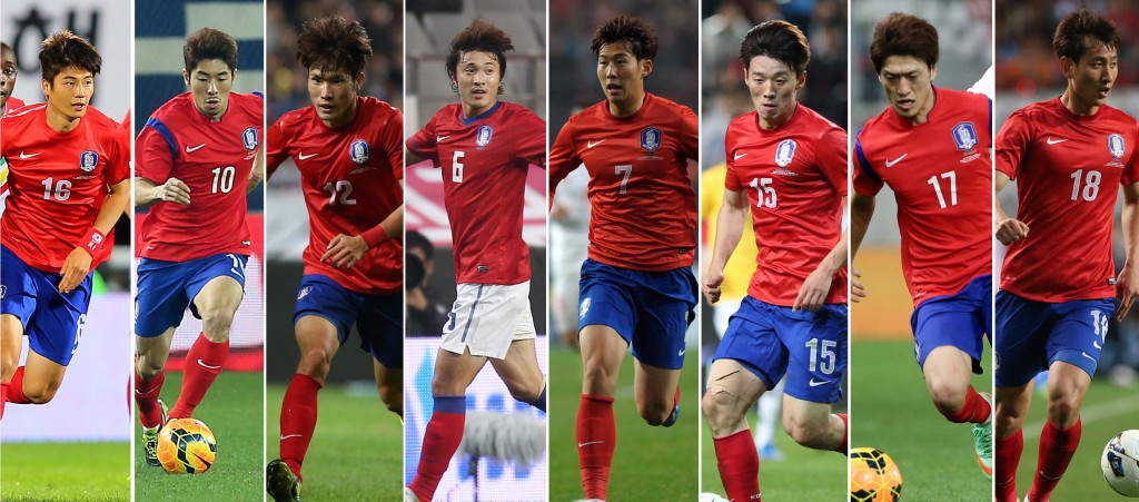 South Korea's strength is in their mid-field, consisting of Ki Sung-yeung (from left to right) , Ha Dae-sung, Han Koo-young, Park Jong-woo, Son Heung-min, Kim Bo-kyung, Lee Chung-yong, Ji Dong-won. (Yonhap)