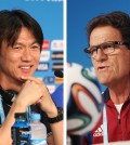 It's unusual for Korea's manager Hong Myung-bo, left, to smile as much did on Monday.  Fabio Capello, head coach for Russia, said it wasn't important to know Korean players' names, as long as his players knew their opponents' characteristics.  (Yonhap)