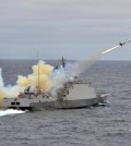 ROKS Park Dong-jin, a patrol killer, guided-missile (PKG)-class ship, launches a ship-to-ship Haeseong missile during the Navy's anti-submarine, live-fire drill near Dokdo on Friday.  (Yonhap)