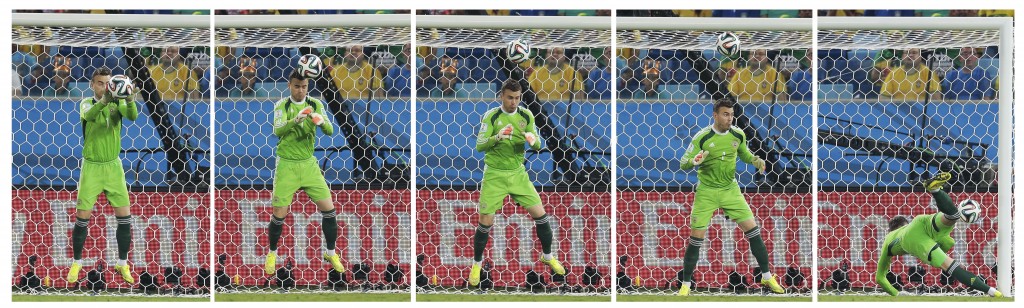 In the combination photo, Russia's goalkeeper Igor Akinfeev catches the ball on a kick by South Korea's Lee Keun-ho, but lets it bounce over his head allowing South Korea to score during the group H World Cup soccer match between Russia and South Korea at the Arena Pantanal in Cuiaba, Brazil, Tuesday, June 17, 2014. (AP Photo/Ivan Sekretarev)