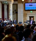 L.A. Mayor Eric Garcetti explains DataLA at city hall. (The Korea Times, Kim Young-jae)