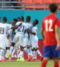 Ghana players celebrate after their second goal. (Yonhap)