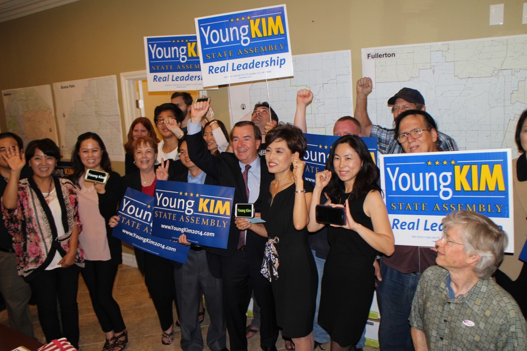 Young Kim celebrates with her supporters after the primary election. 