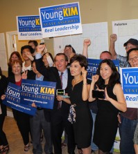 Young Kim celebrates with her supporters after the primary election.