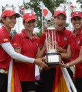 From left to right, Belen Mozo, Beatriz Recari, Carlota Ciganda and Azahara Munoz, all of Spain, hold the trophy after winning the International Crown golf tournament Sunday, July 27, 2014, in Owings Mills, Md. (AP Photo/Gail Burton)