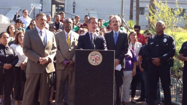 In a speech Monday at City Hall, Mayor Eric Garcetti said police will no longer comply with a federal mandate to do immigration holds without judicial review.(Photo credit: LA Mayor’s Office/Twitter)