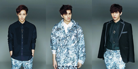From left, Hongbin, Ken and Leo of VIXX pose on the cover photo for their fourth single "Eternity."