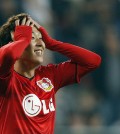 Leverkusen's Son Heung-min holds his head  during the Champions League qualifying soccer match between Bayer 04 Leverkusen and FC Copenhagen in Leverkusen, Germany, Wednesday, Aug.27,2014. (AP Photo/Frank Augstein)