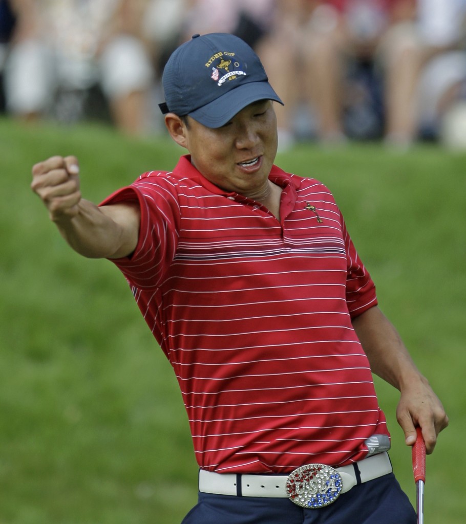 USA's Anthony Kim reacts after winning his match against Europe's Sergio Garcia during the final round of the Ryder Cup golf tournament at the Valhalla Golf Club, in Louisville, Ky., Sunday, Sept. 21, 2008.  (AP Photo/David J. Phillip)