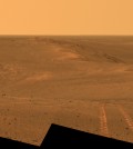 This Aug. 15, 2014, composite image released by NASA and made by NASA's Mars Exploration Rover Opportunity, shows a view looking back toward part of the west rim of Endeavour Crater that the rover drove along, heading southward, during the summer of 2014. (AP Photo/NASA, JPL-Caltech, Cornell University, Arizona State University)