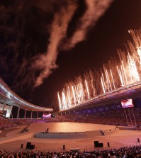 Fireworks explode from the roof of the Asiad Stadium during the opening ceremony for the 17th Asian Games in Incheon, South Korea,Friday, Sept. 19, 2014. (AP Photo/Dita Alangkara)