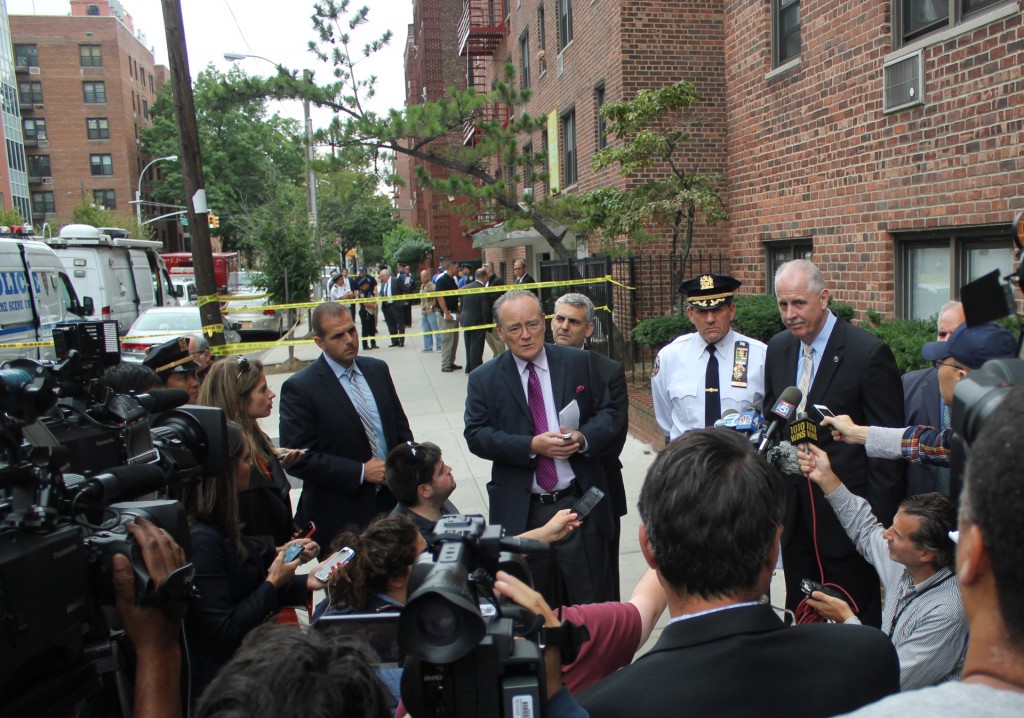 The New York Police Department reveals details of the case outside the Flushing apartment Tuesday. (Jo Jin-woo/The Korea Times)