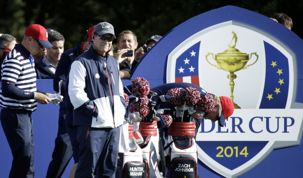 US team captain Tom Watson stands on the 16th tee box during a practice round ahead of the Ryder Cup golf tournament at Gleneagles, Scotland, Wednesday, Sept. 24, 2014. (AP Photo/Matt Dunham)