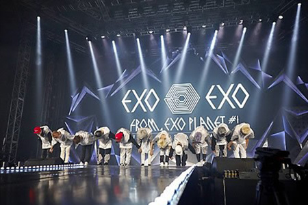 K-pop boy group EXO at their concert, EXO from Exoplanet (The Korea Times file)