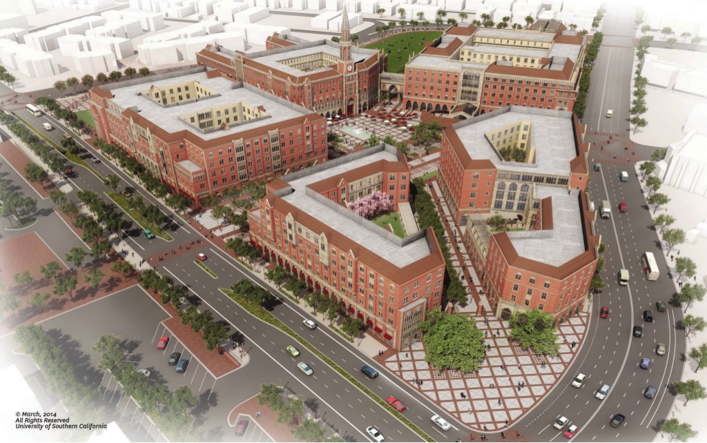 This undated architectural rendering provided by the University of Southern California shows the 15-acre USC Village that will be built in the architectural style of much of the main campus. The village will comprise 1.25 million square feet of residential and retail space over 15 acres on the north side of the University Park Campus. USC Village will open in fall 2017. The project is estimated to cost $650 million.  