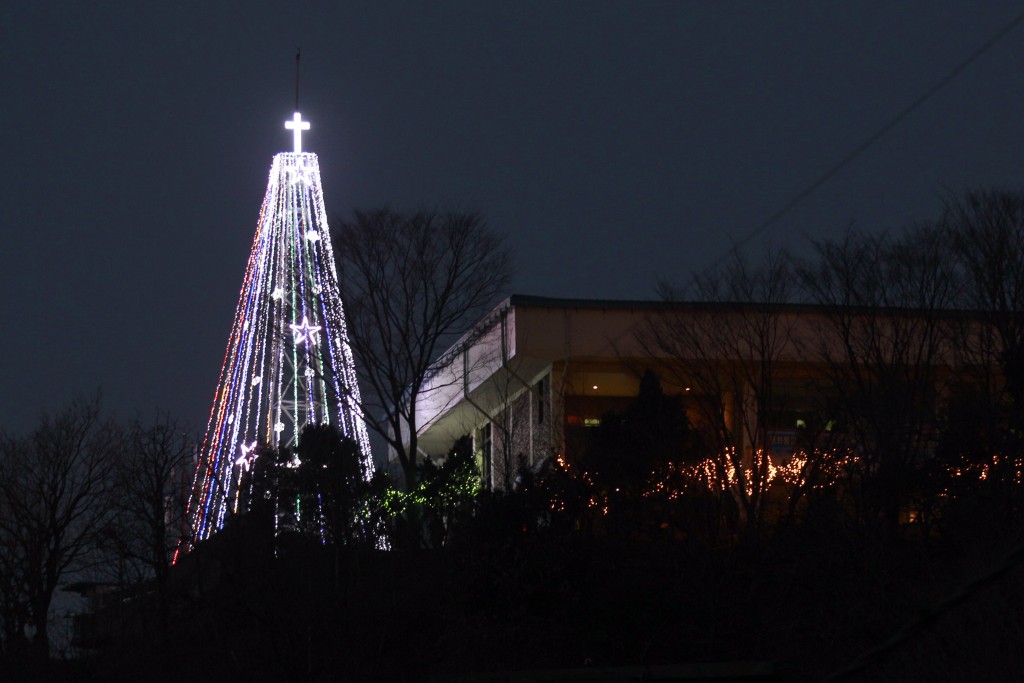 IN THIS PHOTO TAKEN ON TUESDAY, DEC. 21, 2010, A giant steel Christmas tree is lit at the western mountain peak known as Aegibong in Gimpo, South Korea. (AP Photo/Lee Jin-man)