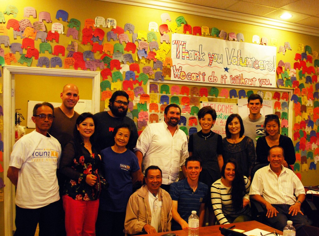 65th District Assembly candidate Young Kim stands with members of her campaign team at their Buena Park headquarters. (Korea Times)
