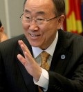 U.N. Secretary-General Ban Ki-moon arrives for a speech to a session of the Organization for Security and Cooperation in Europe, OSCE, at the Hofburg palace  in Vienna, Austria,  Tuesday, Nov. 4, 2014. (AP Photo/Ronald Zak)