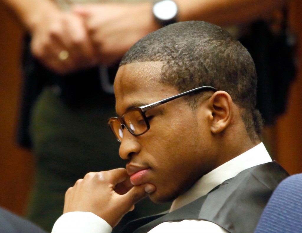 FILE - In this Monday, Oct. 27, 2014 file photo, Javier Bolden reacts as he is convicted of first-degree murder at Los Angeles Superior Court. Bolden was found guilty of two counts of first-degree murder for the killings of a pair of USC graduate students from China, during a robbery on April 11, 2012 in Los Angeles. Bolden was sentenced to  two life terms in prison without possibility of parole for the killings Monday, Nov. 17, 2014. (AP Photo/Nick Ut,File)