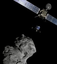 The picture released by the European Space Agency ESA shows the Rosetta mission poster which is a combination of various images to illustrate the deployment of the Philae lander to comet 67P/Churyumov–Gerasimenko. from the Rosetta spacecraft. The image of the comet was taken with the navigation camera on Rosetta. On Wednesday, Nov. 12, 2014 the Philae lander will be detached from Rosetta to land on the comet. (AP Photo/ESA)