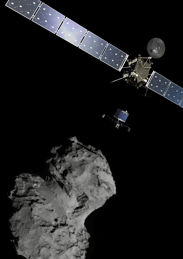 The picture released by the European Space Agency ESA shows the Rosetta mission poster which is a combination of various images to illustrate the deployment of the Philae lander to comet 67P/Churyumov–Gerasimenko. from the Rosetta spacecraft. The image of the comet was taken with the navigation camera on Rosetta. On Wednesday, Nov. 12, 2014 the Philae lander will be detached from Rosetta to land on the comet. (AP Photo/ESA)