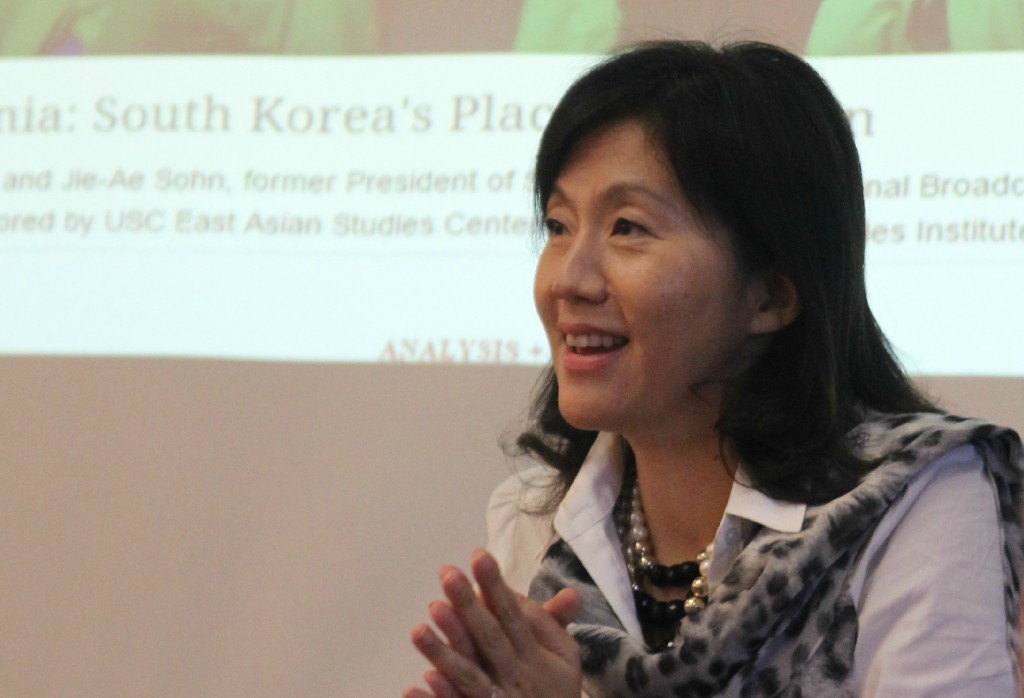 Former Arirang President Sohn Jie-Ae speaks inside the University of Southern California's Annenberg School for Communications & Journalism. (Cosmo Scharf)